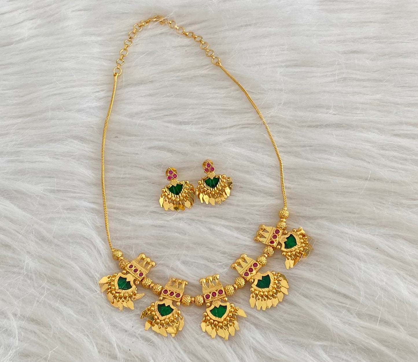 Gold tone kerala style pink-green palakka elakka necklace set dj-54550
