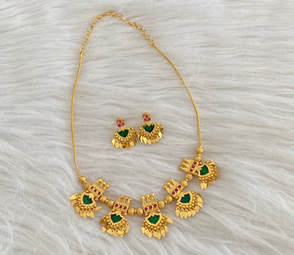 Gold tone kerala style pink-green palakka elakka necklace set dj-54550