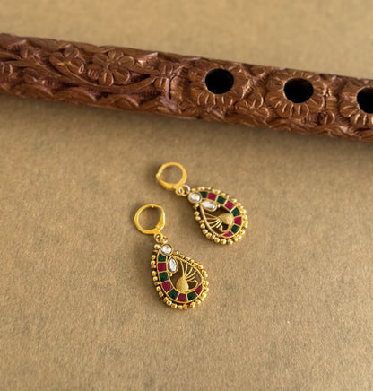 Gold tone pink-green-white kundan jadau peacock hook earrings dj-51526