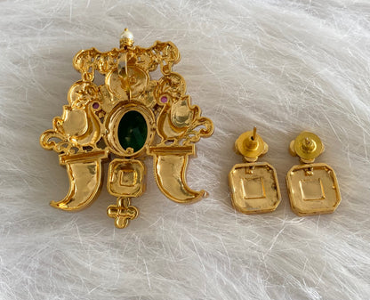Antique gold tone pink-green-white kundan jadau peacock pendant set dj-54431