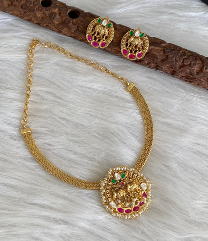 Matte finish elephant  pink-green-white kundan jadau choker necklace set dj-53855