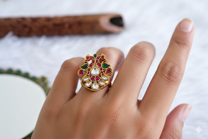 Gold tone pink-green-pearl kundan jadau peacock finger ring dj-52368