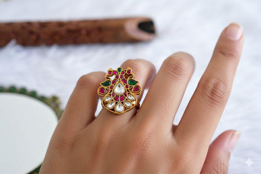 Gold tone pink-green-pearl kundan jadau peacock finger ring dj-52368