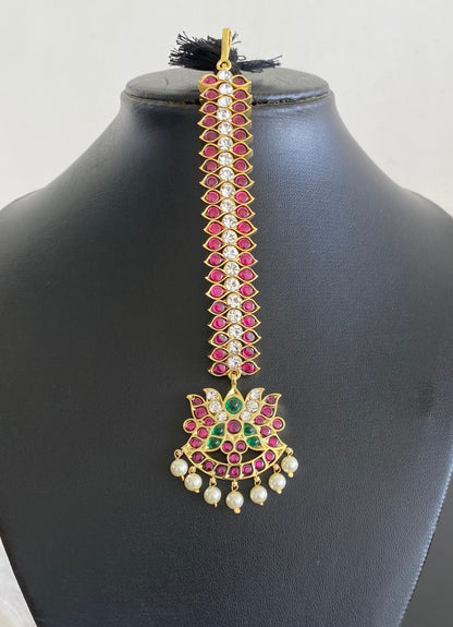 Gold tone precious kemp-green-white lotus pearl tikka dj-54711
