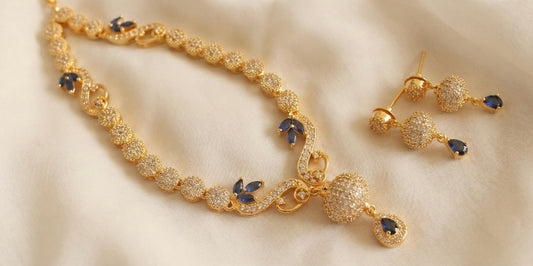 Gold tone Cz-blue Necklace Set-dj17108