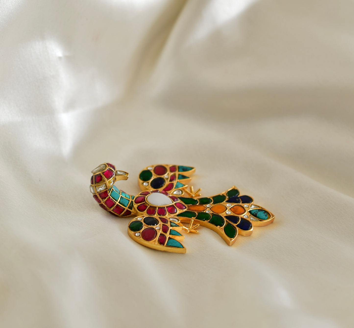 Matte finish Navarathna kundan jadau bird brooch dj-52642