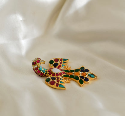 Matte finish Navarathna kundan jadau bird brooch dj-52642
