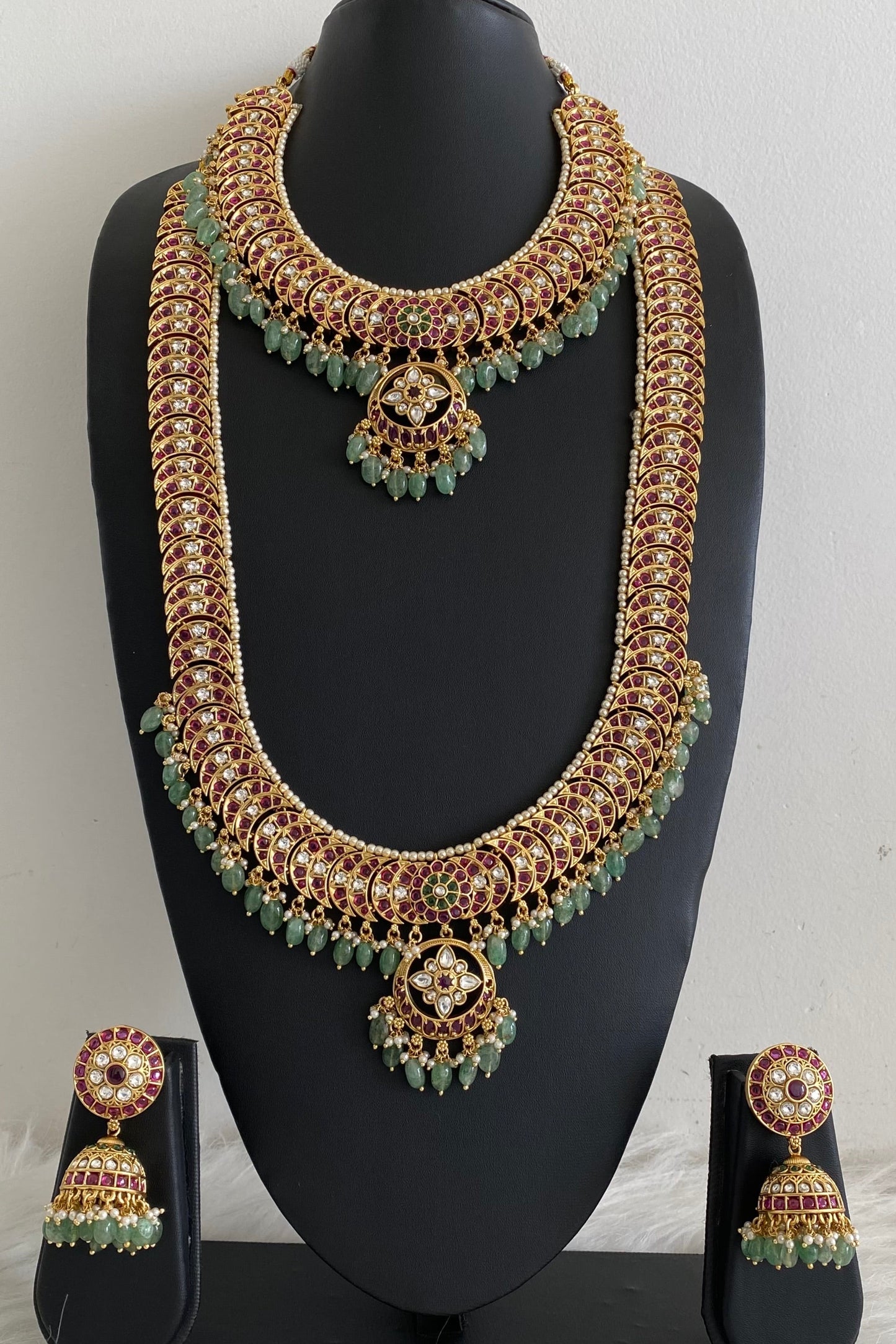 Antique gold tone kundan jadau pearl green beaded bridal set dj-54603