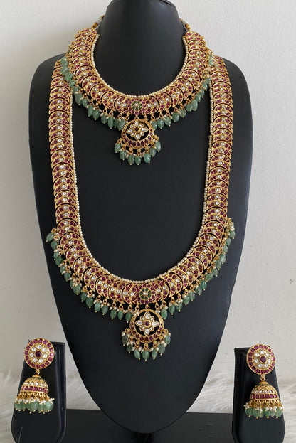 Antique gold tone kundan jadau pearl green beaded bridal set dj-54603
