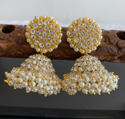 Gold tone precious white stone pearl big jhumkka dj-53222
