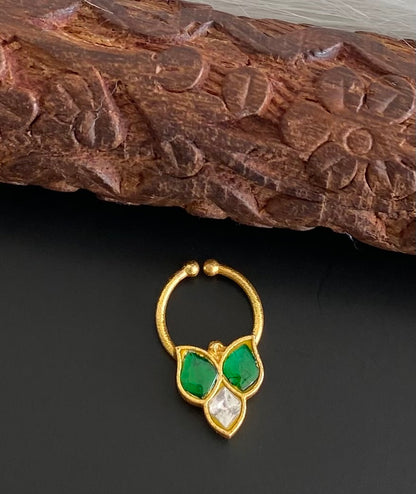 Gold tone kundan jadau green-white stone nose pin/bulakku dj-53745
