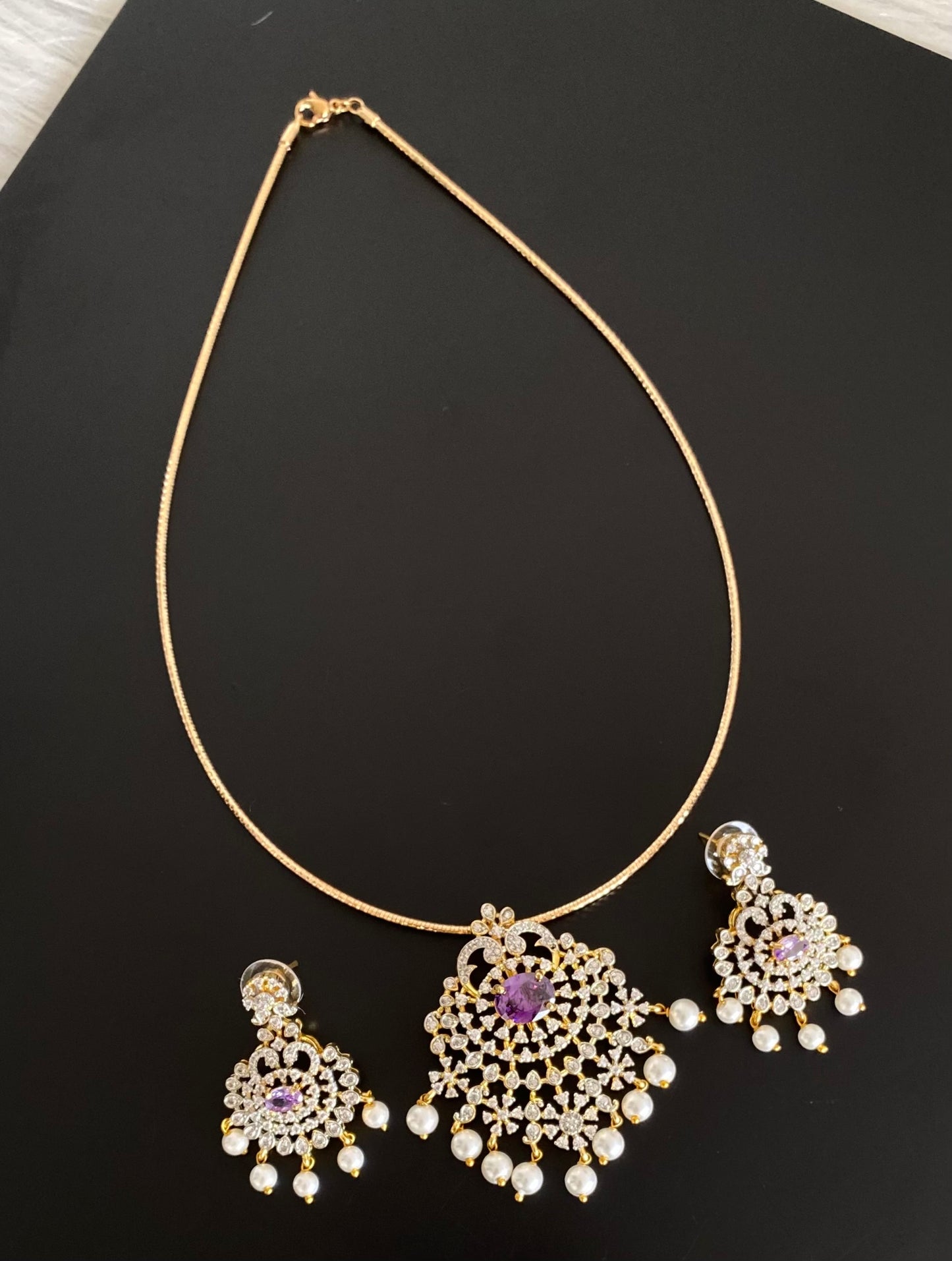 Two tone cz white-purple pearl pendant set with kanti necklace dj-54244