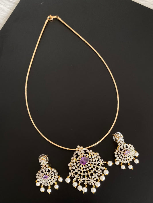 Two tone cz white-purple pearl pendant set with kanti necklace dj-54244