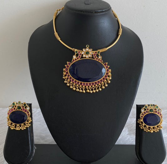 Matte finish peacock big blue oval stone pendant hasli necklace set dj-51225
