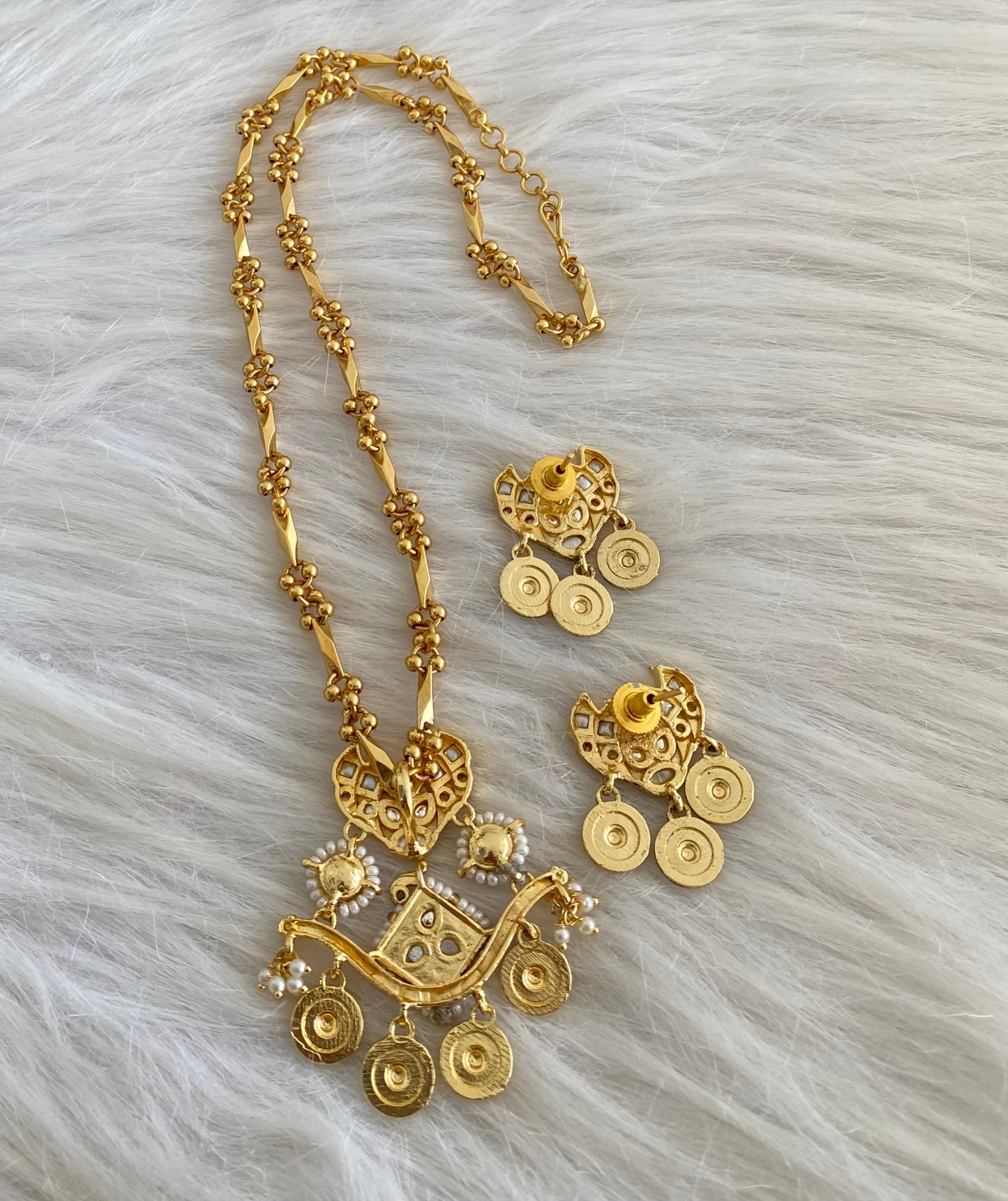 Antique gold tone Kundan jadau peacock pearl chain with pendant set dj-53854