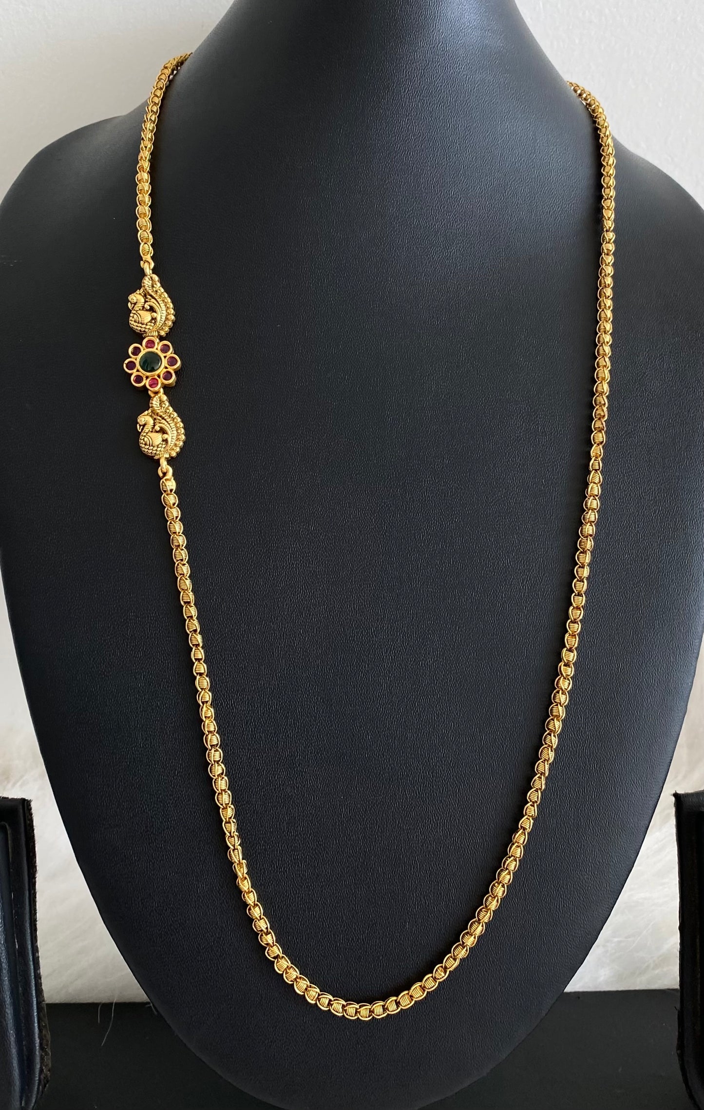 Antique tone pink-green stone peacock mugappu chain dj-54427