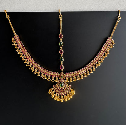 Matte finish kemp-green flower maang tikka dj-51377