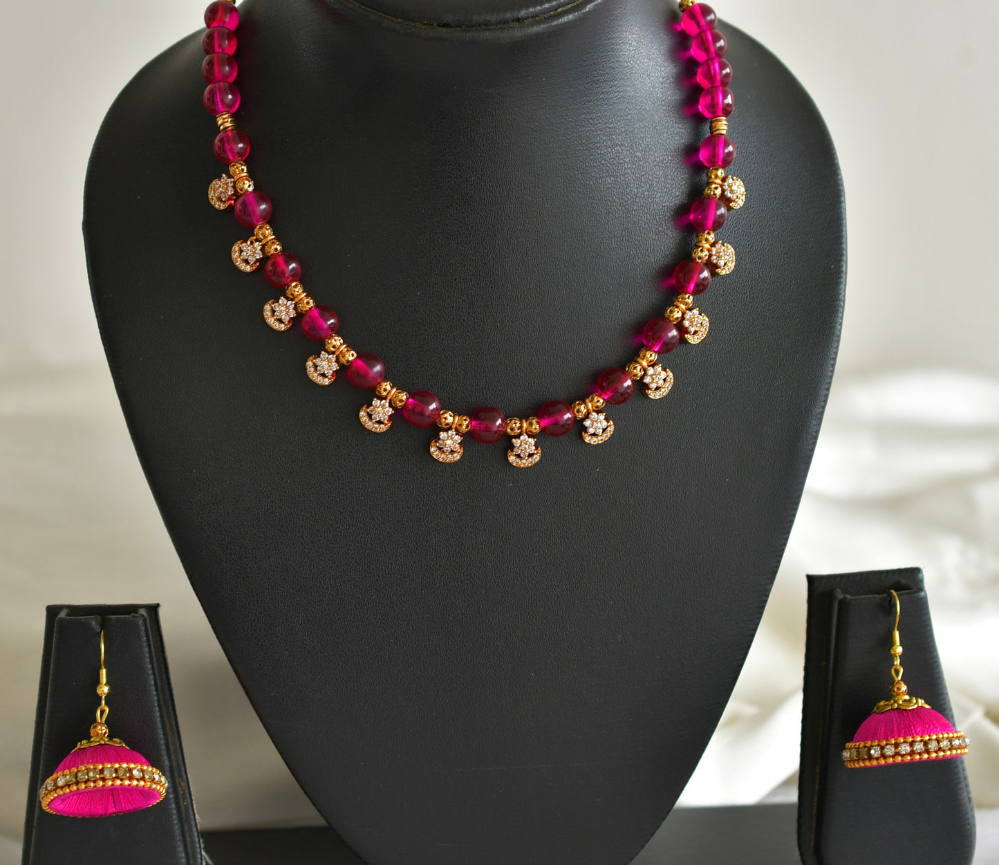 Gold tone cz flower Pink beaded Necklace Set dj-51947