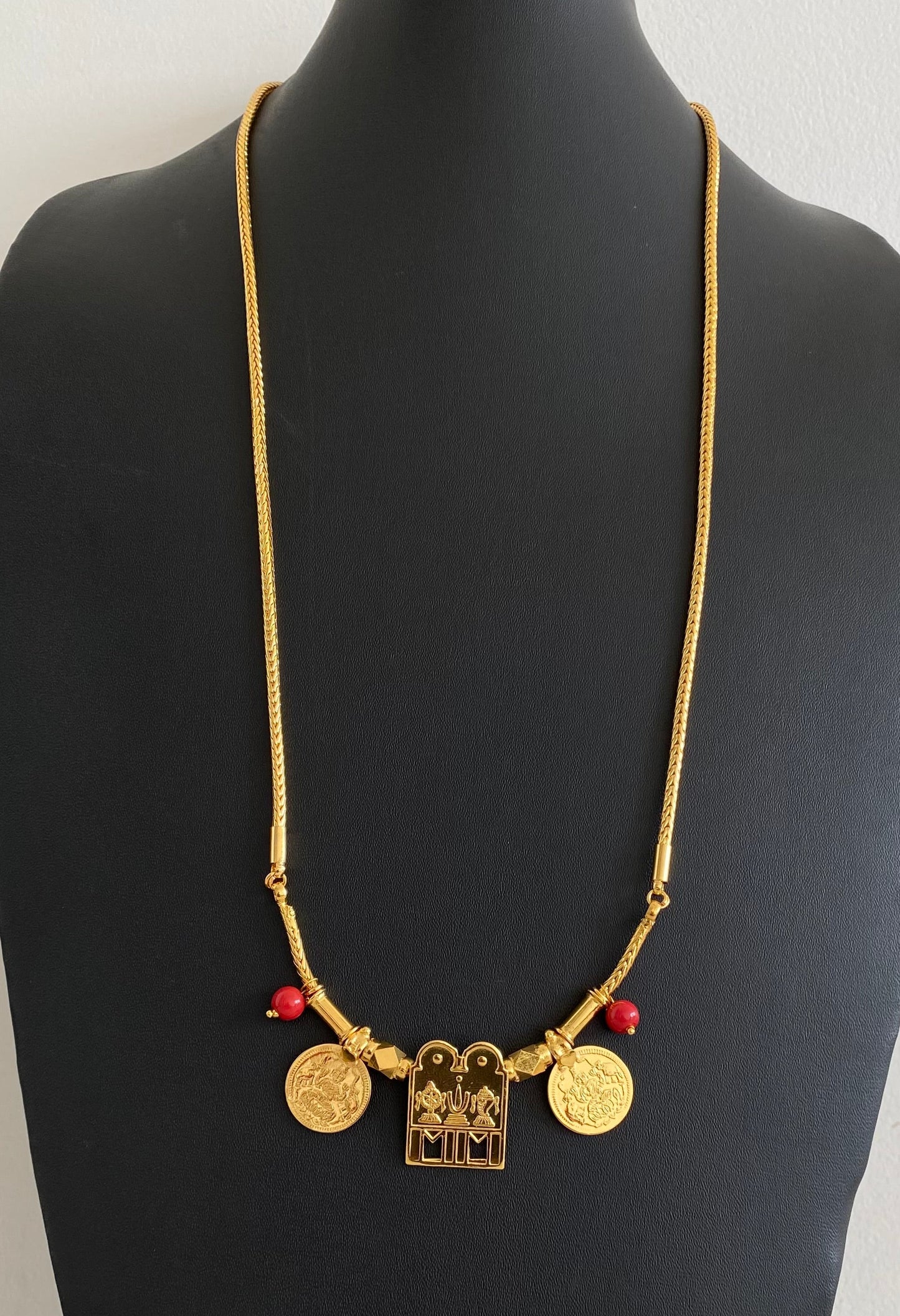 Gold tone 24 inches chain coral beads lakshmi coin thirumal nama-shanku-chakra mangalyam dj-54553
