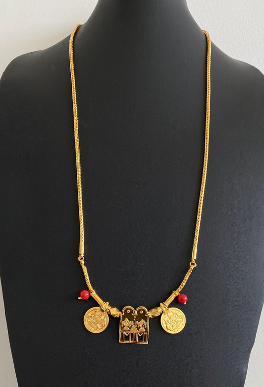 Gold tone 24 inches chain coral beads lakshmi coin thirumal nama-shanku-chakra mangalyam dj-54553