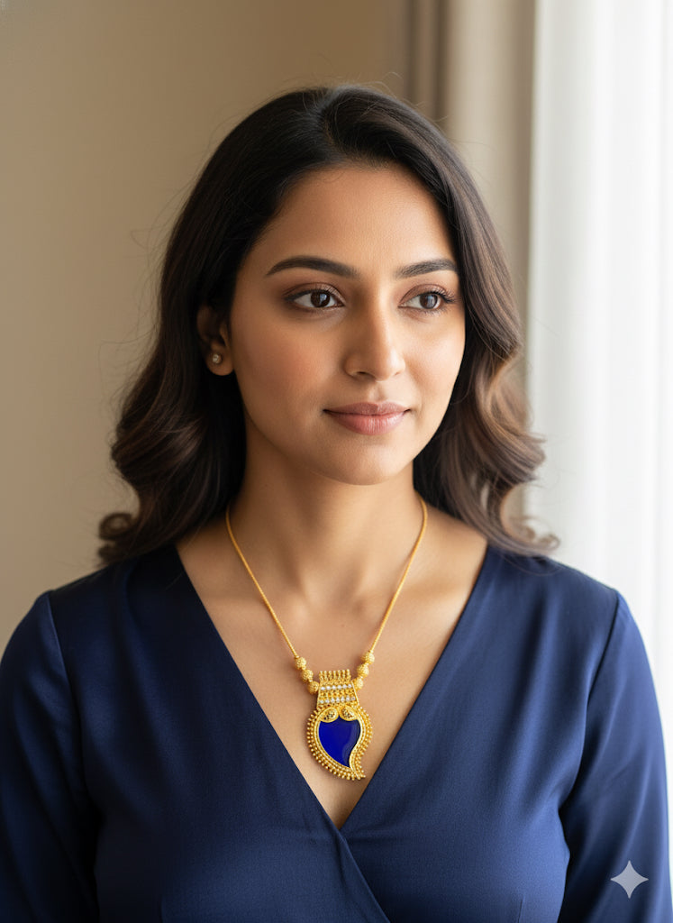 Gold tone blue-white kerala style mango kodi necklace dj-51698