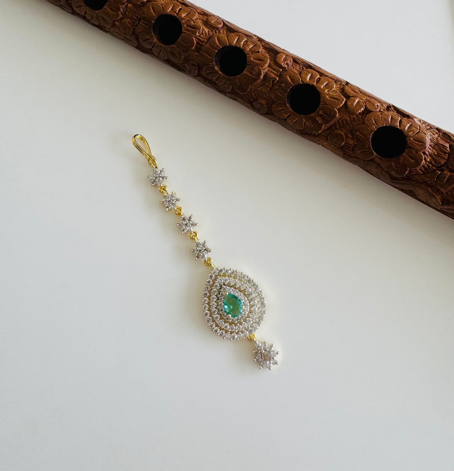 Two tone cz-peacock green thilak stone tikka dj-51370