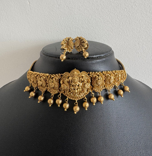 Antique gold tone Nakshi lakshmi peacock choker necklace set dj-52142
