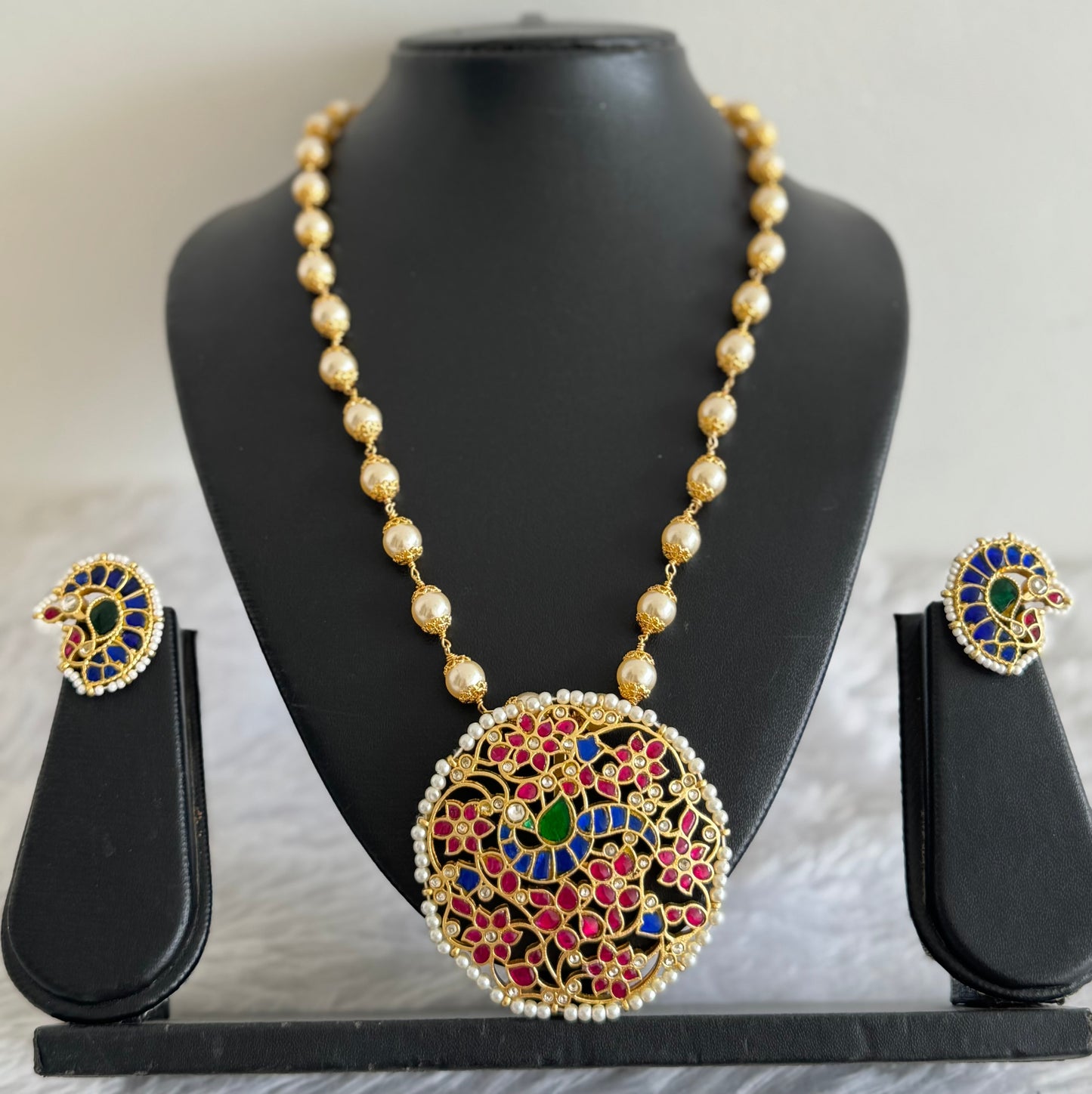 Matte finish multicolor kundan jadau peacock pearl beaded flower necklace set dj-51537
