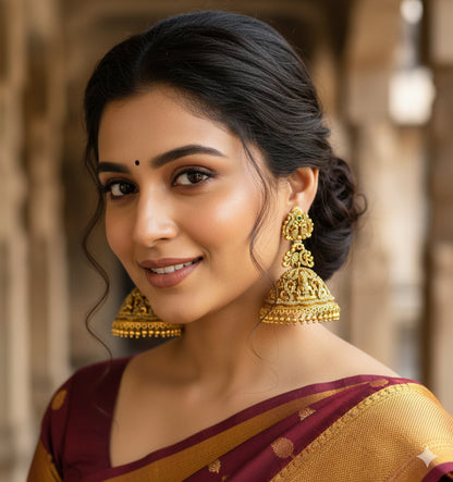 Antique gold tone cz kemp-green Nakshi huge lakshmi peacock jhumkka dj-50513