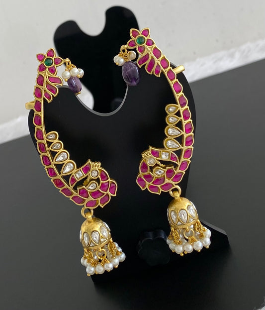 Gold tone kundan jadau peacock khanpool jhumkka dj-53580