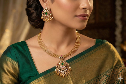 Antique gold tone pink-green kundan jadau kante necklace set dj-52421