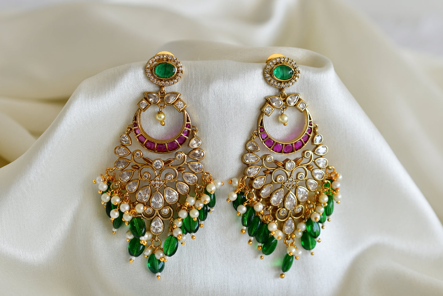 Antique gold tone pink-green-white pearl bali long earrings dj-52563