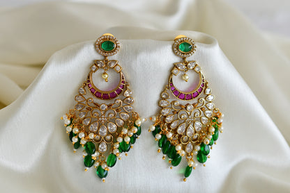 Antique gold tone pink-green-white pearl bali long earrings dj-52563
