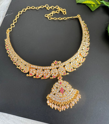 Gold tone ad ruby-white stone mango necklace dj-51197