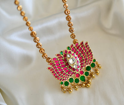 Gold tone pink-green kundan jadau lotus pendant necklace dj-52602