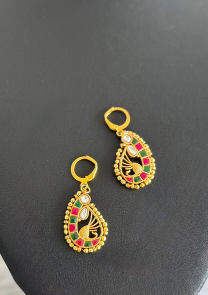Gold tone pink-green-white kundan jadau peacock hook earrings dj-51526