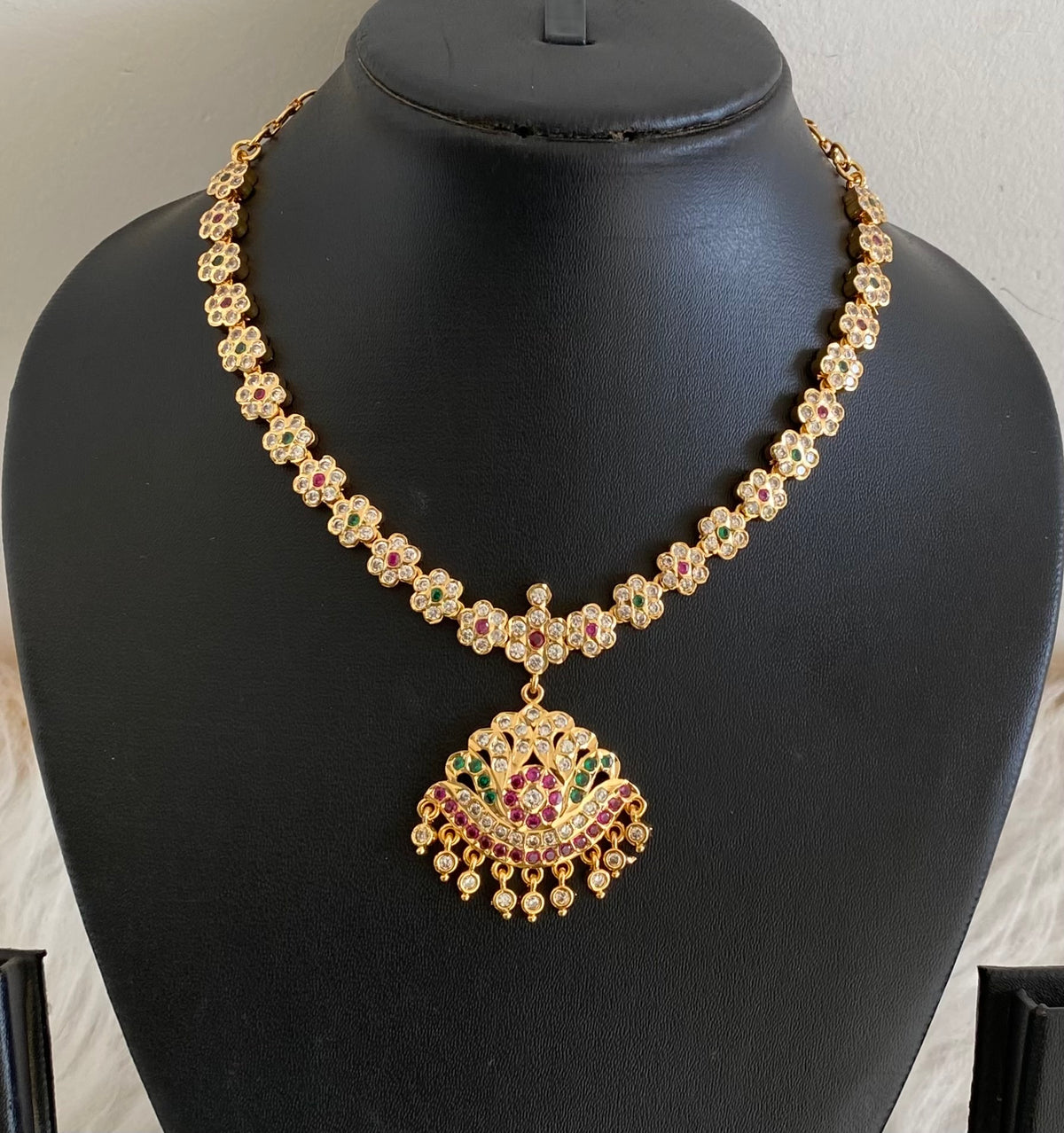 Gold tone south indian AD white-pink-green stone flower necklace dj-54922