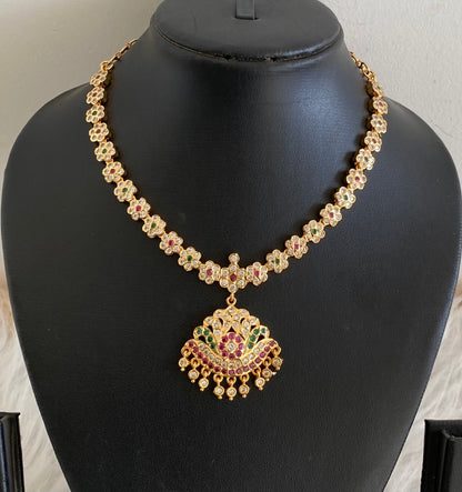 Gold tone south indian AD white-pink-green stone flower necklace dj-54922