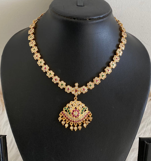 Gold tone south indian AD white-pink-green stone flower necklace dj-54922
