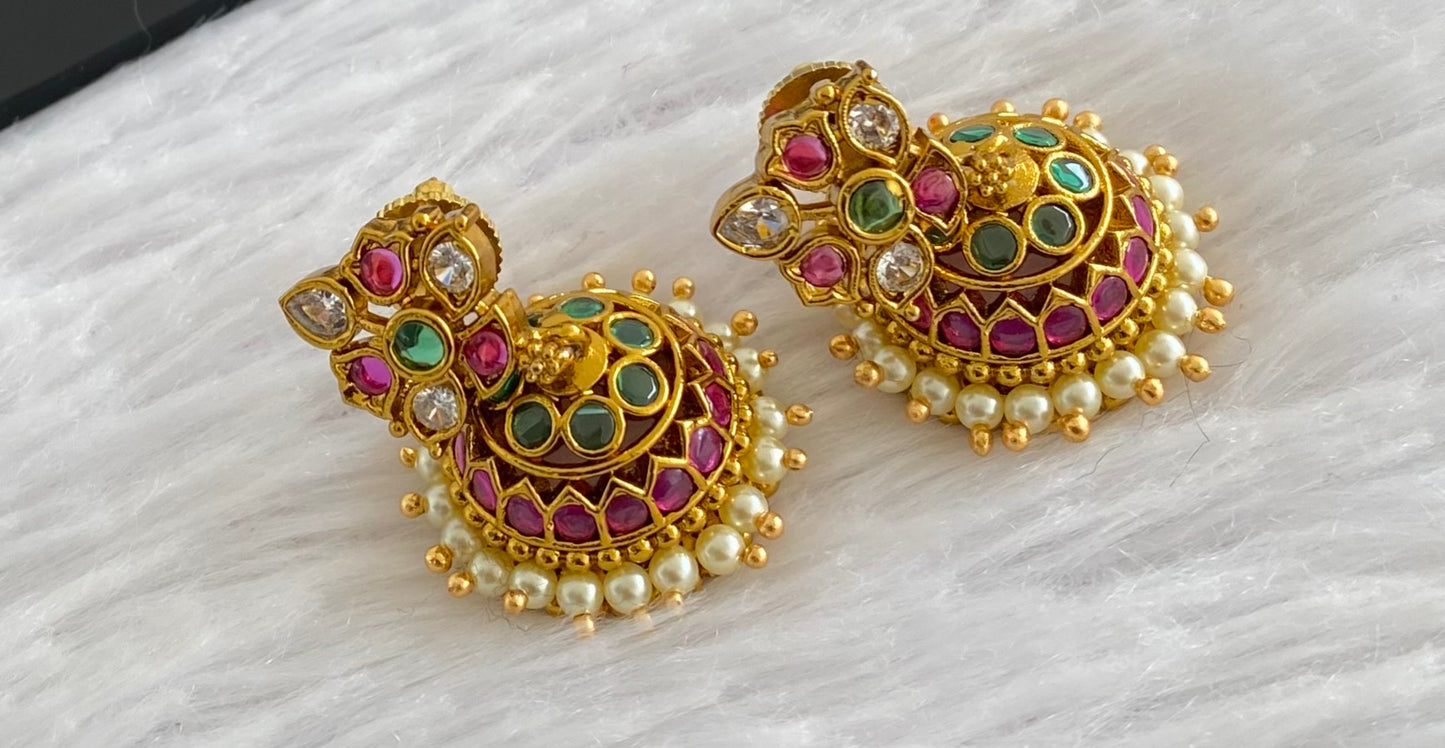 Antique gold tone kemp-green-white pearl  jhumkka dj-53572