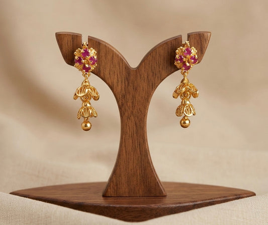 Gold tone pink stone screw back step jhumkka-dj52890