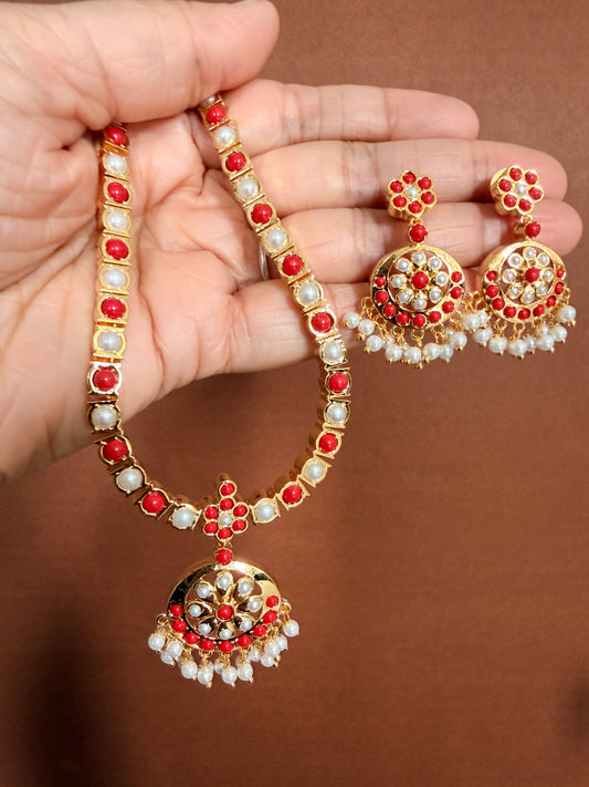 Gold tone pearl-coral south indian style attigai/necklace set dj-18310
