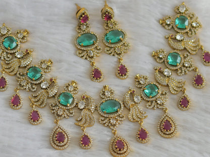 Antique cz pink-sea green peacock victorian necklace set dj-47994