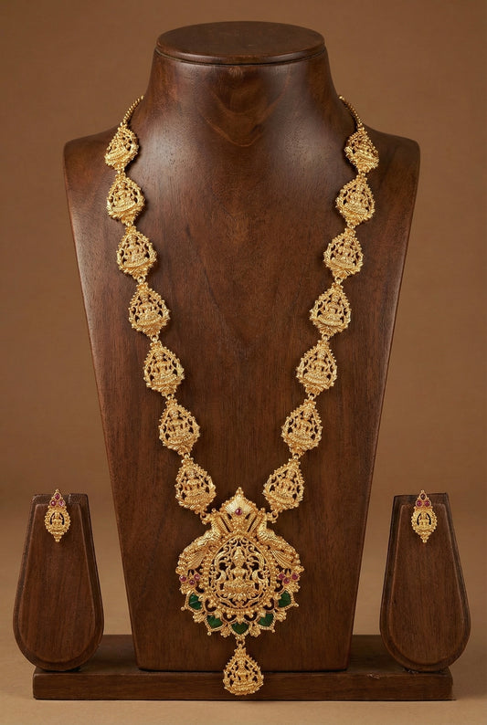 Gold tone pink-green palakka lakshmi peacock haar set dj-51835