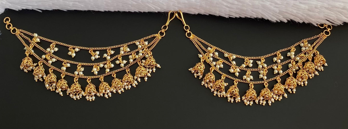Matte finish pearl jhumkka multi layer ear side chain dj-54053