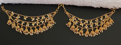 Matte finish pearl jhumkka multi layer ear side chain dj-54053