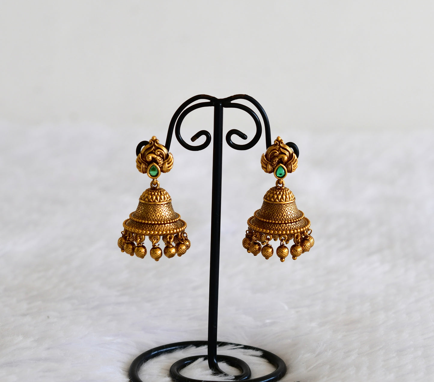 Antique gold tone green peacock bell shaped jhumkka dj-52546