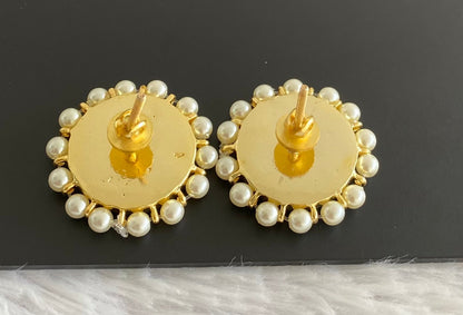 Gold tone precious kemp-green-white stone pearl round big stud/earrings dj-53221