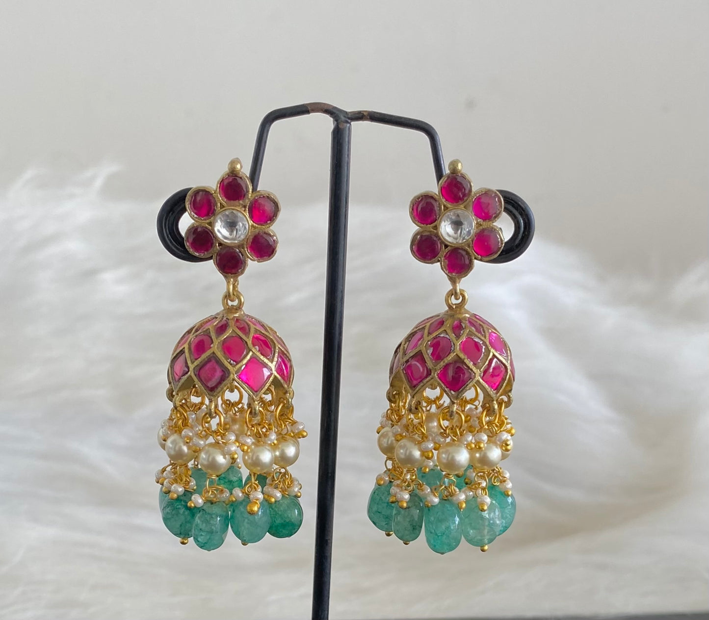 Antique gold tone pink-white stone kundan jadau green beaded pearl jhumkka  dj-54584