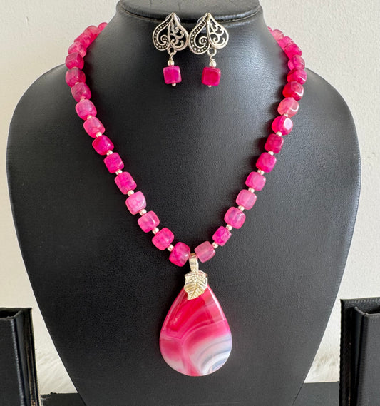 Silver Tone pink agate beaded Necklace Set Dj-51334